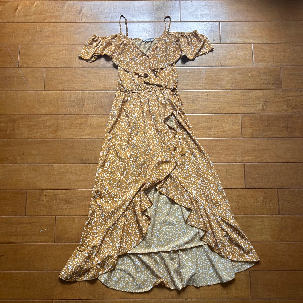 Indulge Asymmetrical Floral and Yellow/Gold Dress Size Small